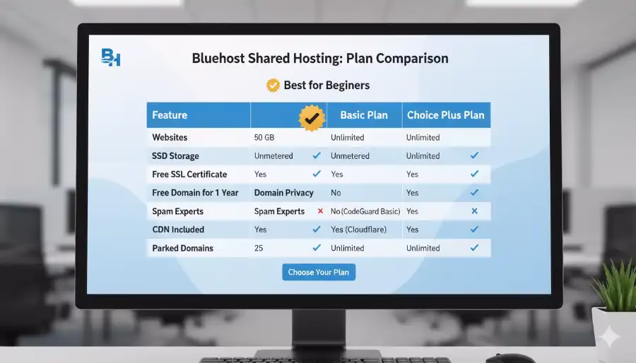 Comparison of the best Bluehost plan for WordPress beginners, showing the features of the Basic and Choice Plus plans.