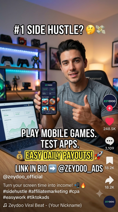 Man pointing to Zeydoo app. Text: #1 SIDE HUSTLE? PLAY MOBILE GAMES. TEST APPS. EASY DAILY PAYOUTS! LINK IN BIO @ZEYDOO_ADS