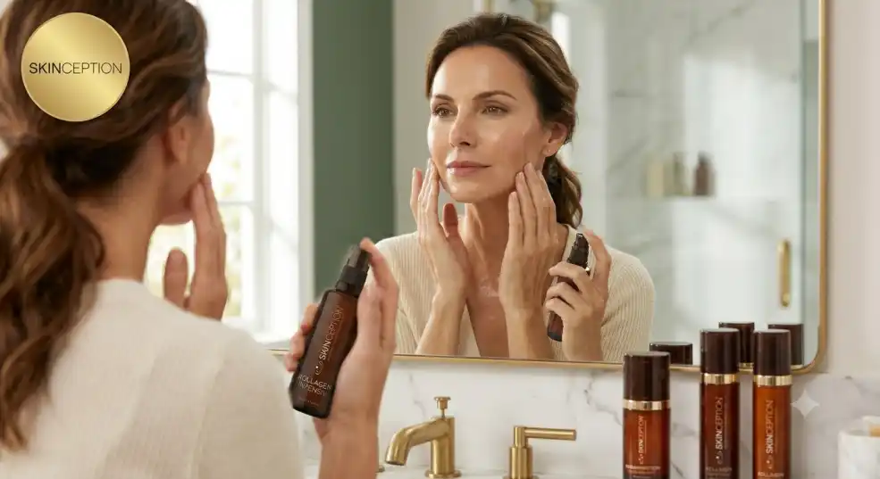 A woman applies Skinception Kollagen Intensiv serum to her face while looking in a bathroom mirror