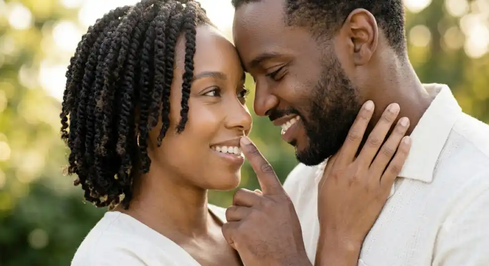 A smiling Black couple with clear, radiant skin