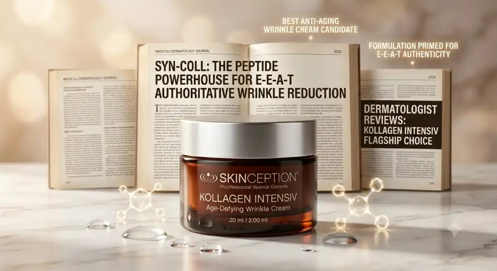 Skinception Kollagen Intensiv jar in front of medical journals highlighting Syn-Coll for wrinkle reduction