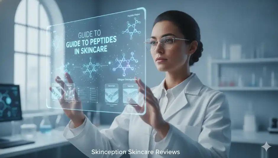 A scientist viewing a digital display titled Guide to Peptides in Skincare with molecular diagrams