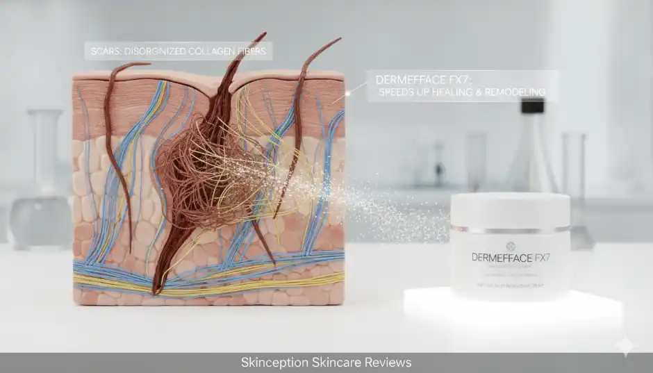 Cross-section of skin showing disorganized collagen fibers in a scar and how Dermefface FX7 speeds up healing