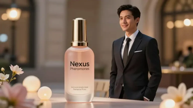 Nexus Pheromones cologne bottle with a smiling man in a suit in the background